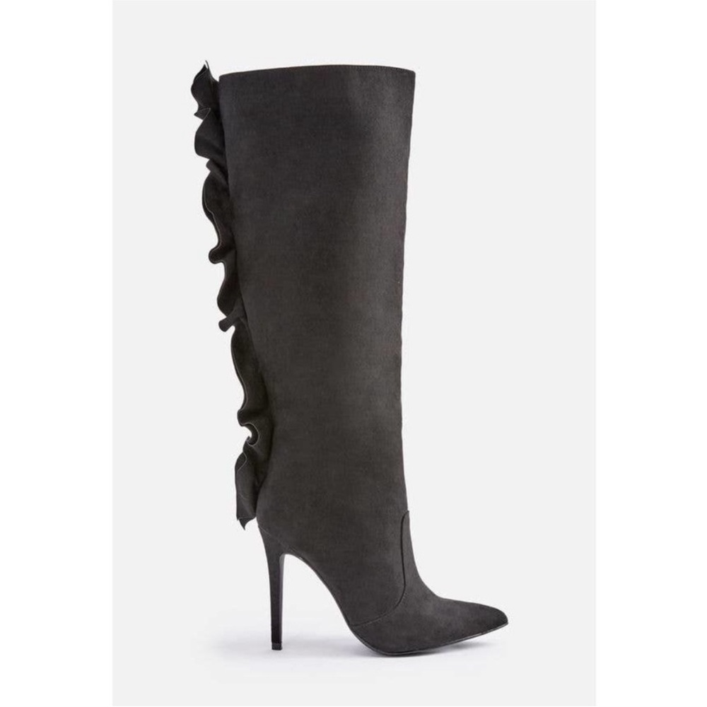 Justfab Black Ruffles Pointy Toe Knee High Boot Heels Norelle 7.5